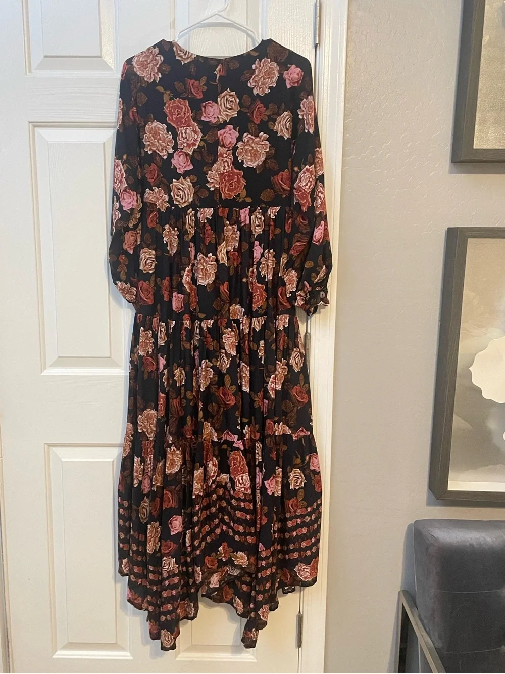 Free People Black Floral V-Neck Tiered Maxi Dress with Warm Blooms